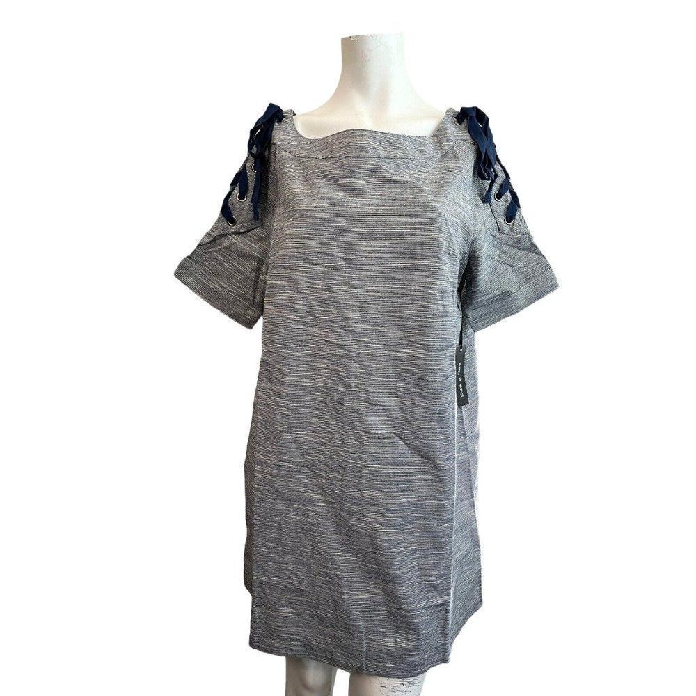 Doe & Rae Large Mini Shift Dress Sleeve Ties Casual Blue White Pin Stripes NWT